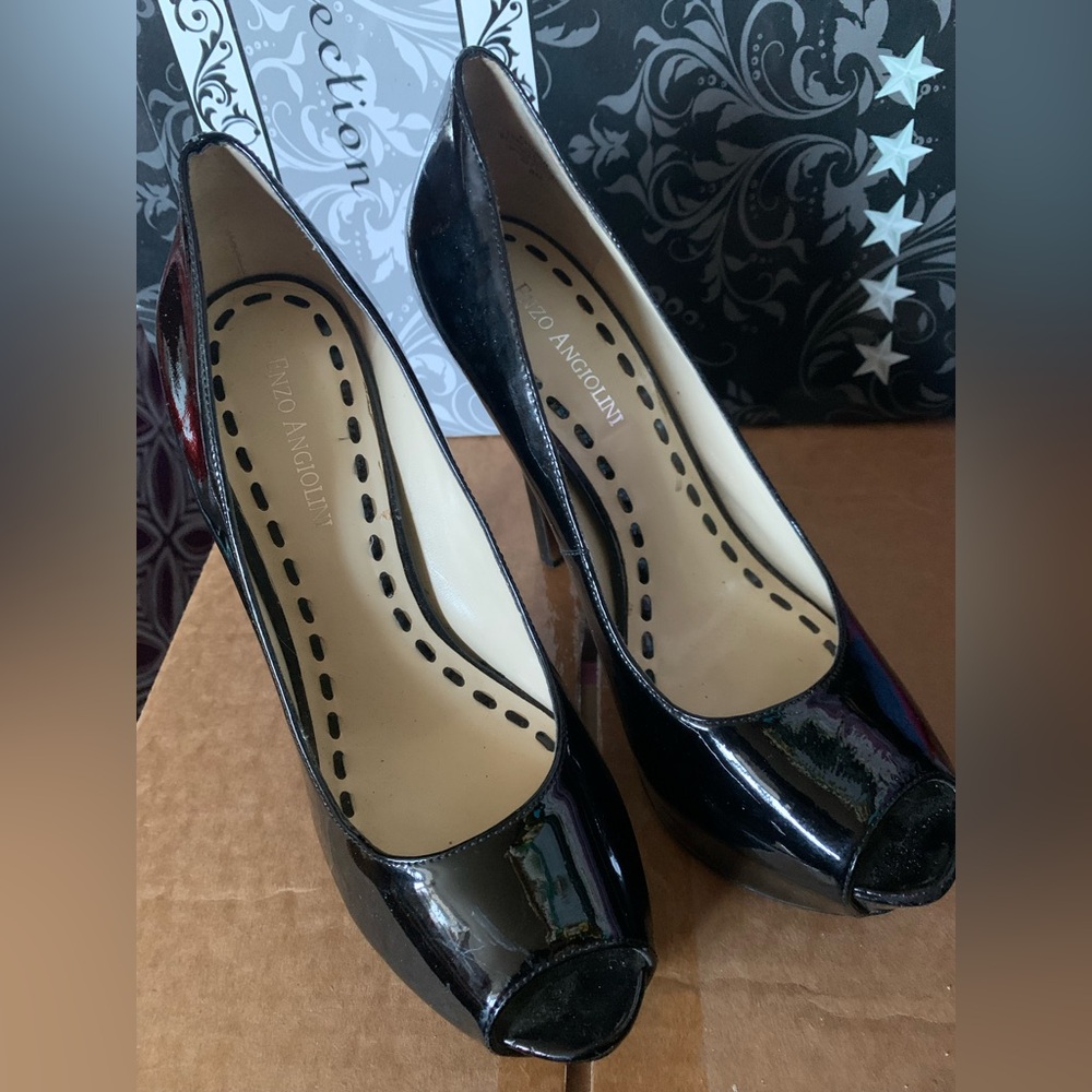 Enzo Angiolini Black Patent Peep-Toe Heels, size 8 M